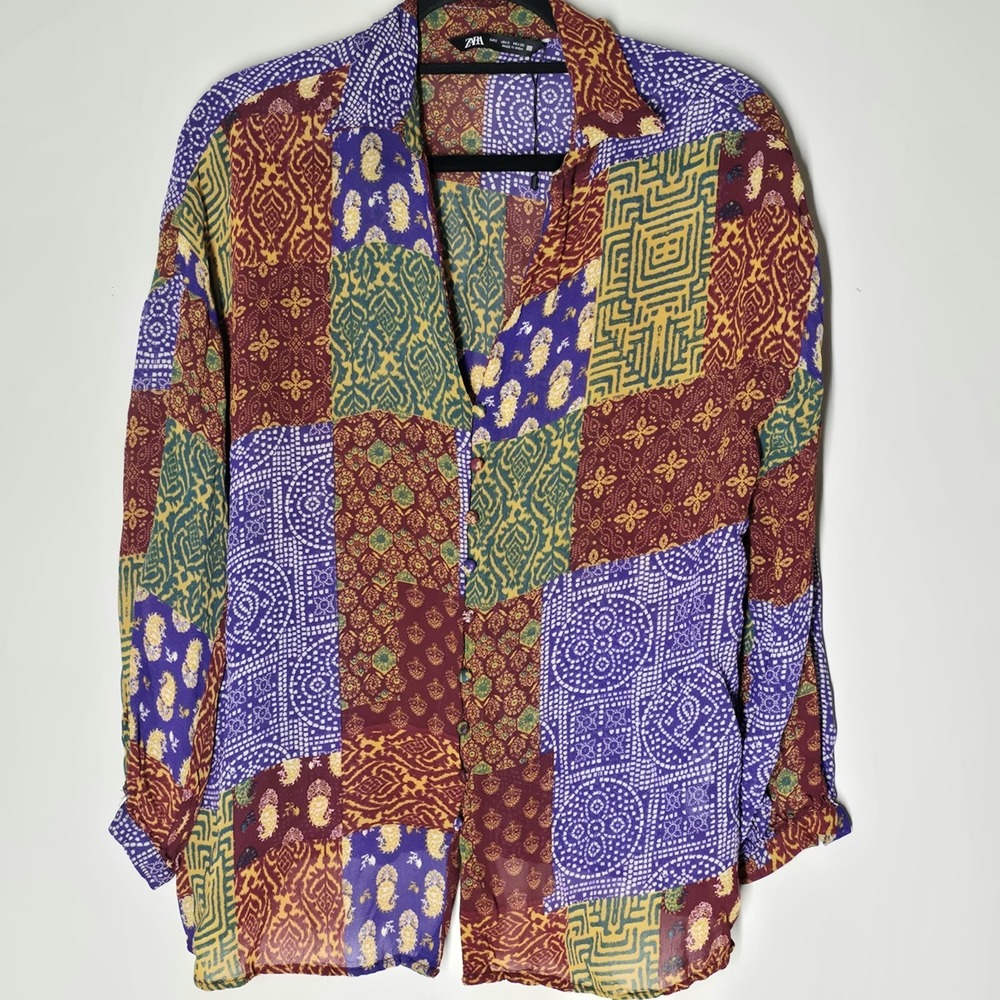 Zara‎ Colorful Sheer Patchwork Blouse Boho Indie Romantic Button Front Womens S